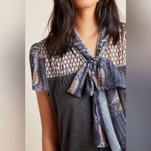 Anthropologie Elegant Gray and Patterned Tie Neck Blouse by Tiny